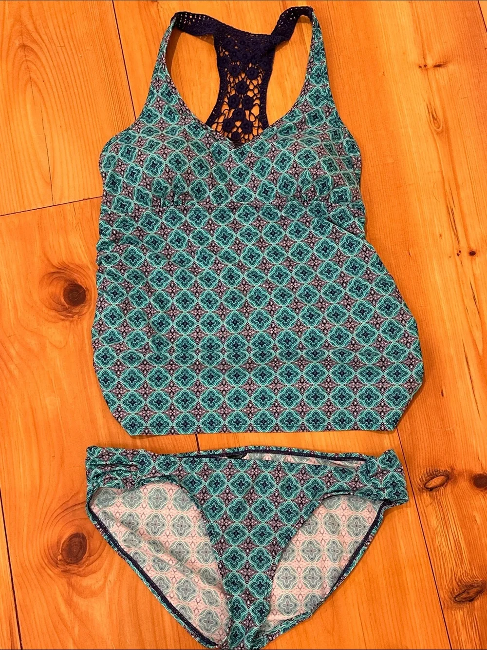 Motherhood Maternity Teal and Navy Patterned Tankini Set